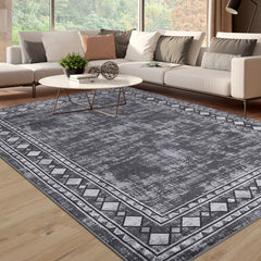 GARVEE Modern Rug 9x12 Large Geometric Bordered Area Rugs for Living Room Bedroom Low Pile Office Border Rug Minimalist Abstract Carpet Non Slip Farmhouse Area Rugs Grey