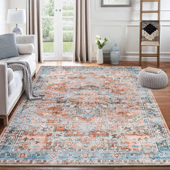 GARVEE 8x10 Area Rug Vintage Distressed Machine Washable Area Rug for Living Room Bedroom Traditional Medallion Floral Non-Slip Stain Resistant Accent Rug Carpet for Home Decor, Terracotta