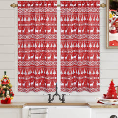 GARVEE Christmas Short Curtains, Canvas Red Snowflakes Christmas Tree Deer Tier Curtains Blackout Rod Pocket Drapes for Short Window Cafe Curtain Tiers, 2 Panels, Red, 26