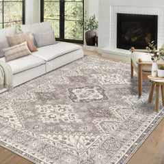 GARVEE Washable Area Rugs 4x6 Rug Vintage Living Room Rugs Non Slip Bedroom Rug Oriental Boho Rug Chenille Low Pile Thin Carpet Stain Resistant Non Shedding Throw Rugs for Dining Room Taupe 4'x6'