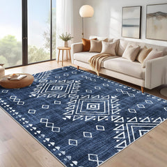 GARVEE Machine Washable Area Rug 10x13 Large Living Room Rug Vintage Rug Tribal Geometric Distressed Carpet Ultra-Soft Non Slip Low Pile Thin Floor Cover for Bedroom Kitchen Farmhouse Office Blue