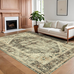 GARVEE 5x7 Washable Area Rug Vintage Rug Traditional Floor Cover Foldable Soft Rug Kitchen Accent Rug Indoor Distressed Non Slip Carpet Floral Print Mat Bedroom Living Room Bathroom Brown