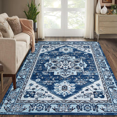 GARVEE Washable Area Rug Indoor Vintage Area Rug Boho Area Rug 4x6 Bedroom Rug Oriental Area Rug Retro Accent Rug Non-Slip Low Pile Area Rug for Living Room Bedroom Dining Room, 4' x 6' Blue