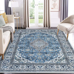 GARVEE Washable Rug 9x12 Medallion Distressed Rug Vintage Rug Non Slip Non Shedding Area Rug Machine Washable Indoor Carpet for Bedroom Living Room, Blue