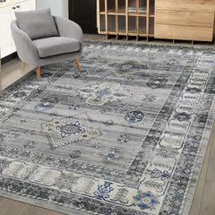 GARVEE Living Room Rug 8x10 Washable Rug Boho Tribal Non-Slip Floor Cover Large Bedroom Rug Oriental Accent Rug Medallion Distressed Floor Carpet for Nursery Office, Grey