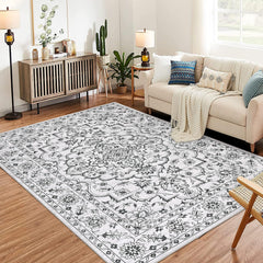 GARVEE Machine Washable 9x12 Area Rug for Living Room, 9x12 Ultra-Thin Large Floral Print Rugs for Dining Room Home Office, Stain Resistant Non Slip Backing Carpet, Dark Grey