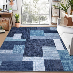 GARVEE 8x10 Area Rug Modern Geometric Machine Washable Area Rug for Living Room Bedroom Contemporary Patchwork Non-Slip Stain Resistant Accent Rug Carpet for Home Floor Decoration, Blue