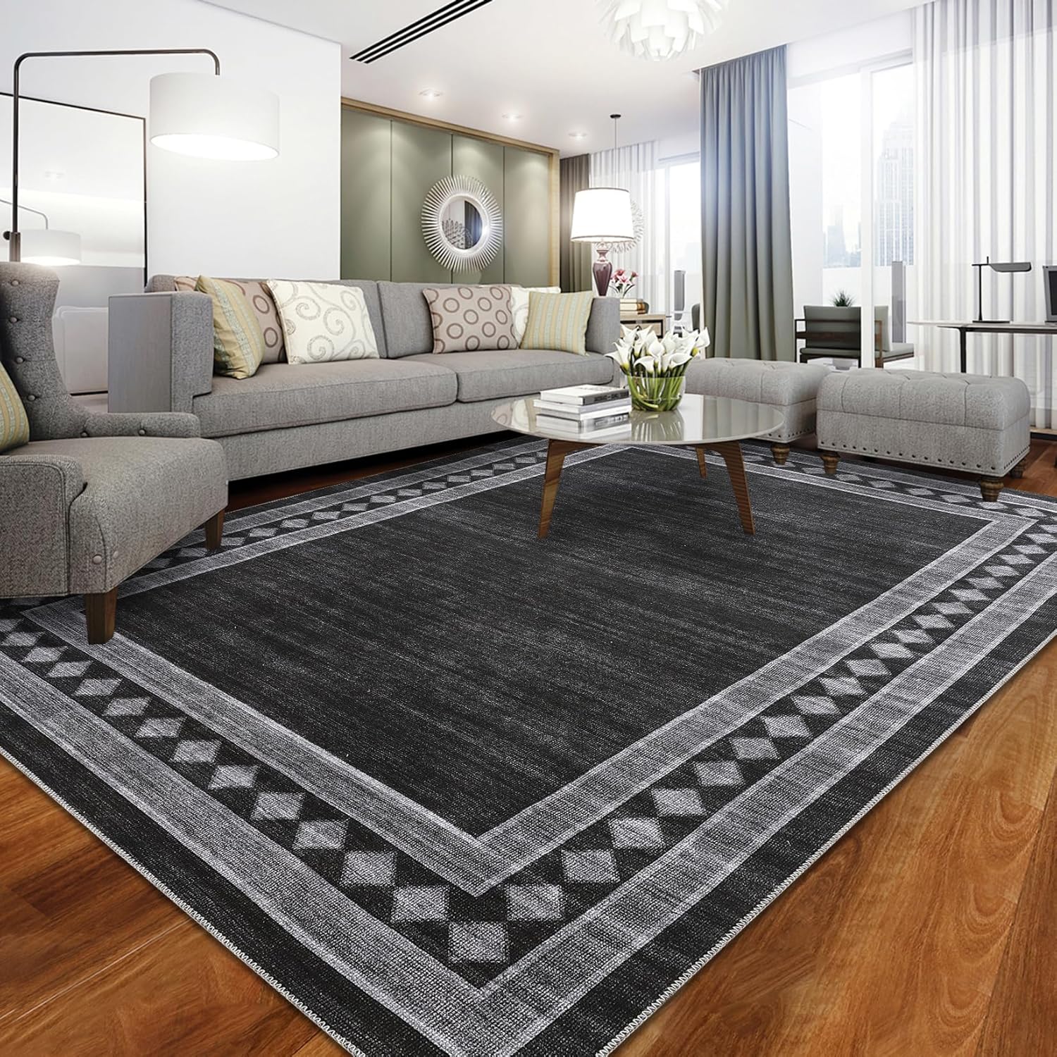 GARVEE Modern Geometric Area Rug 8x10 Rug for Living Room Washable Rugs for Bedroom Non Slip Throw Rugs Black Rug Chenille Stain Resistant Carpet for Dining Room 8'x10' Black