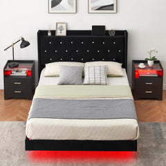 GARVEE Floating Upholstered Full Bed Frame with LED Lights & Storage Headboard, Metal/Wood, 1000 lbs Capacity, Easy Assembly, Black