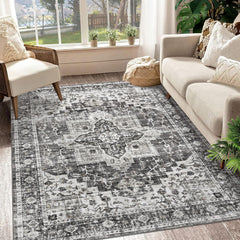 GARVEE Machine Washable Area Rug 5x7 Vintage Distressed Area Rug for Living Room Bedroom Traditional Medallion Floral Non-Slip Stain Resistant Accent Rug Carpet for Home Decoration, Grey