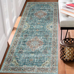 GARVEE Runner Rug 2x6 Rug Vintage Machine Washable Thin Rug Soft Lightweight Hallway Runner Non Slip Non Shedding Bedside Rug Traditional Laundry Bathroom Runner Mat Distressed Carpet, Green