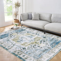 GARVEE Area Rug 10x13 Washable Rug for Living Room Vintage Oriental Medallion Rug Low Pile Ultra Thin Rug Stain Resistant Accent Rug for Bedroom Home Decor, Blue Multi