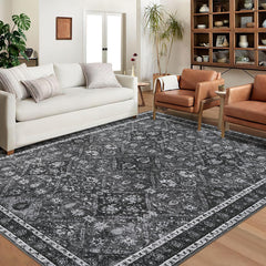 GARVEE Area Rug 9x12 Washable Rug Gray Vintage Rug Traditional Mat Distressed Indoor Foldable Thin Rug Retro Accent Rug Floral Print Rug Non Slip Carpet Living Room Dining Room Office