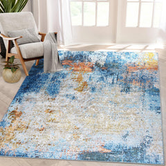 GARVEE 4x6 Rug for Living Room Washable Rugs Modern Area Rug for Bedroom Abstract Rug Non Slip Carpet Throw Rugs Stain Resistant Office Rug Classroom Rug 4'x6' Blue Multi