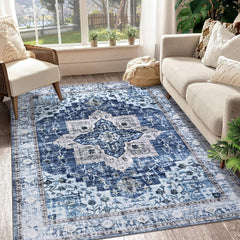 Garvee 9x12 Area Rug Large Vintage Distressed Machine Washable Area Rug for Living Room Traditional Medallion Non-Slip Stain Resistant Accent Rug Carpet for Home Decor Floor Decoration, Blue