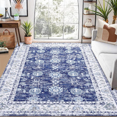 Garvee 9x12 Area Rug Large Vintage Distressed Floral Machine Washable Area Rug for Living Room Traditional Medallion Non-Slip Stain Resistant Accent Rug Carpet for Home Decoration, Navy