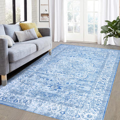 GARVEE Vintage Area Rug 5x7 Machine Washable Floral Distressed Carpet Rug Retro Medallion Stain Resistant Non-Slip Accent Rug Coffee Table Rug Farmhouse Dining Office Bedroom Decor, Blue