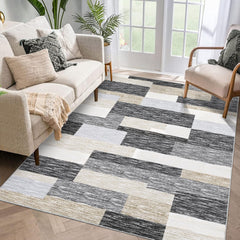 GARVEE Washable Rugs 9x12 Large Modern Geometric Floor Carpet, Stain-Resistant Low Pile Throw Rug with Non-Slip Backing, Contemporary Accent Rug for Kitchen, Office, Gray Camel