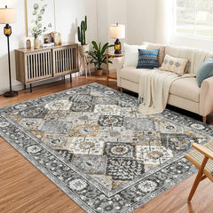 GARVEE Moroccan Trellis Area Rug 9x12 Washable Vintage Floral Print Rugs, Boho Non Slip Indoor Carpet for Entryway Living Room Kitchen Bedroom Laundry Room, Grey Brown