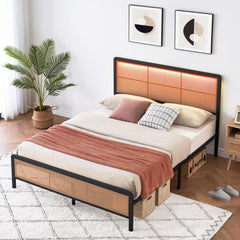 GARVEE Rattan Platform Bed Frame Queen Size + LED Light + Modern Style + Heavy Duty Steel Slat + No Box Spring Needed