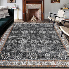 GARVEE 8*10ft Vintage Area Rug - Washable Stain Resistant, Traditional Distressed Mat, Retro Floral Print, Foldable Thin Accent Rug, Non-Slip Carpet for Living Room Dining Room Office. Black Tone