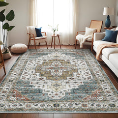 GARVEE Area Rugs, Machine Washable Vintage Printed Soft Low Pile Rugs, Oriental Accent Carpet with Non-Slip Backing, Stain-Resistant Distressed Floor Carpet for Living Room, Hallway, Laundry