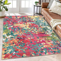 GARVEE Large Area Rug 9x12 Boho Chic Abstract Watercolor Design Rug Washable Rug Low Pile Thin Rug Non Slip Soft Rug Contemporary Accent Carpet for Dining Room, Pink/Multi