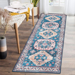 GARVEE Boho Tribal Area Rug 2x6 Hallway Bohemian Vintage Bedroom Throw Rugs Non-Slip Machine Washable Rugs Low-Pile Floor Carpet for Kitchen Laundry Living Bathroom Blue/Fuchsia 2'x6'