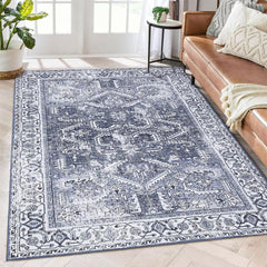 GARVEE Vintage Rug 5x7 Machine Washable Rug Non Slip Non Shedding Throw Rug Ultra-Thin Antique Collection Area Rug Stain Resistance Living Room Rug for Apartment Playroom, Blue/Grey