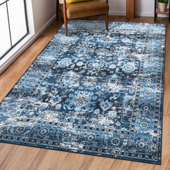 GARVEE Vintage Washable Area Rug Small Entryway Rug with Non-Slip Backing Washable Boho Accent Floor Cover Carpet Oriental Accent Indoor Bedroom Rug Distressed Carpet for Living Room Office, Navy