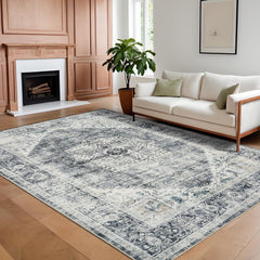 GARVEE Vintage Area Rug, 4x6 Stain Resistant Carpet Non Shedding Non-Slip Soft Rug Bedroom Dining Room Home Office, Low Pile Farmhouse Oriental Indoor Floor Rug Grey