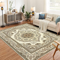 GARVEE Washable Boho Floral Medallion Area Rug, Non-Slip Soft Low-Pile Printed Carpet, Yellow, 4x6, Entryway, Bedroom, Living Room