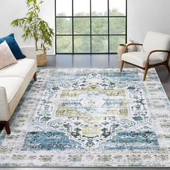 GARVEE Washable 5x7 Area Rugs Vintage Oriental Rug Ultra-Thin Low Pile Distressed Rug Stain Resistant Carpet Vintage Rugs for Bedroom with Non Slip Backing, Blue Multi