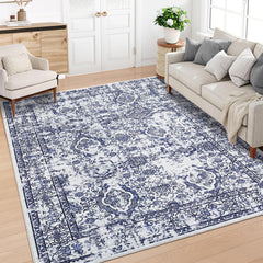 GARVEE Washable Rugs 8x10 Rug for Living Room Vintage Area Rug for Bedroom Non Slip Indoor Floral Oriental Large Area Rug Soft Non Shedding Stain Resistant Carpet for Dining Room 8'x10' Blue/Grey