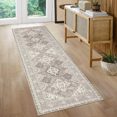 GARVEE Washable Runner Rugs 2x6 Non-Slip Hallway Runners Bathroom Rugs Vintage Distressed Kitchen Rugs Non Slip Damask Entryway Rug Chenille Stain Resistant Throw Rugs for Laundry Taupe 2'x6'