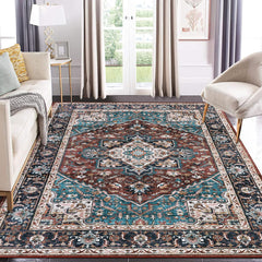 GARVEE Washable Rug 8x10 Large Area Rug Indoor Soft Medallion Rug Vintage Floral Throw Carpet Non-Slip Low Pile Accent Rug Traditional Non-Shedding Boho Rugs Living Room Bedroom Home Office Brown