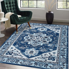 GARVEE 8x10 Large Living Room Rug Vintage Area Rug Medallion Rug Boho Boho Area Rug Oriental Distressed Area Rug Indoor Low Pile Throw Carpet for Bedroom Nursery Kitchen, 8' x 10' Blue