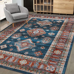 GARVEE 9x12 Area Rug Large Living Room Rug Washable Rug Oriental Accent Distressed Medallion Rug Non-Slip Stain Resistant Indoor Floor Carpet for Bedroom Nursery Office, Blue