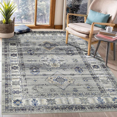 GARVEE Large Living Room Rug 9x12 Washable Rug Vintage Rug Non-Slip Indoor Floor Carpet Stain Resistant Boho Accent Rug Tranditional Rug for Bedroom Nursery Home Office, Grey