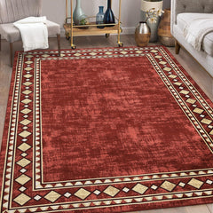 GARVEE Living Room Rug 5x7 Modern Border Area Rugs for Bedroom Office Geometric Bordered Rug Minimalist Accent Area Rugs Low Pile Farmhouse Carpet Red