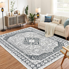 GARVEE Washable Area Rugs for Living Room, 5x7 Stain Resistant No Slip Large Area Rug, Ultra-Thin Vintage Moroccan Soft Carpet for Bedroom Dining Room, Black Grey