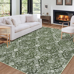 GARVEE 9x12 Rug Large Washable Area Rug Non-Slip Non-Shedding Faux Wool Vintage Rug for Living Room, Farmhouse, Dining Room, Indoor, Kids Playroom Green