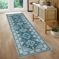 GARVEE Washable Runner Rug 2x6 Bathroom Rug Runner Vintage Distressed Kitchen Rugs Non Slip Blue Rug Tribal Runners Chenille Stain Resistant Throw Rugs for Laundry Hallway Entryway Blue 2'x6'