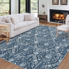 GARVEE 9x12 Rug Large Washable Area Rug Non-Slip Non-Shedding Faux Wool Vintage Rug for Living Room, Farmhouse, Dining Room, Indoor, Kids Playroom Navy