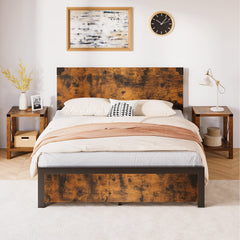 GARVEE Full Bed Frame with Storage, 4 Drawers, Rustic Wood and Metal, Noise Free, No Box Spring Needed, Industrial Style