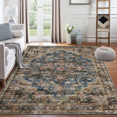 GARVEE 9x12 Area Rug Vintage Distresse Machine Washable Area Rug for Living Room Bedroom Traditional Medallion Floral Non-Slip Stain Resistant Accent Rug Carpet for Home Decor, Blue/Brown