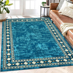 GARVEE Modern Rug 9x12 Large Geometric Bordered Area Rugs for Living Room Bedroom Low Pile Office Border Rug Minimalist Abstract Carpet Non Slip Farmhouse Area Rugs Sapphire Blue