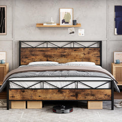 GARVEE 2024 New Bed Frame Queen Size, with Rustic Wood Headboard and Footboard, Sturdy Steel Slat Support, Noise Free, No Box Spring Needed, Easy Assembly (Vintage Brown, Queen)