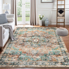 GARVEE 9x12 Area Rug Vintage Distresse Machine Washable Area Rug for Living Room Bedroom Traditional Medallion Floral Non-Slip Stain Resistant Accent Rug Carpet for Home Decor, Teal/Multi