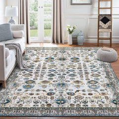 GARVEE Ultra-Thin Washable Rug 5x7 Non-Slip Rug Indoor Medallion Distressed Floor Carpet for Living Room Bedroom Oriental Floral Throw Carpet Non-Shedding Foldable Low Pile Floor Cover Blue